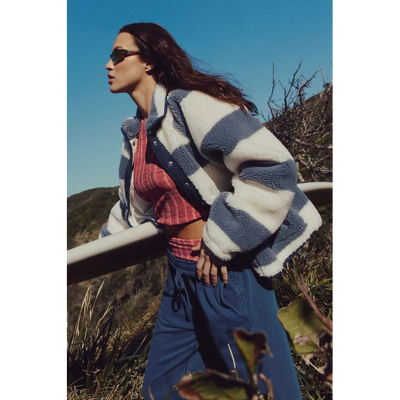 Free People Women's Hit The Slopes Printed Fleece Jacket Ivory Stripes