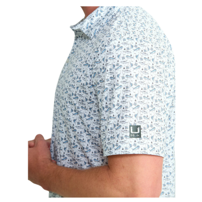 HUK Men's Persuit Printed Polo Short Sleeve Shirt White 2 Close
