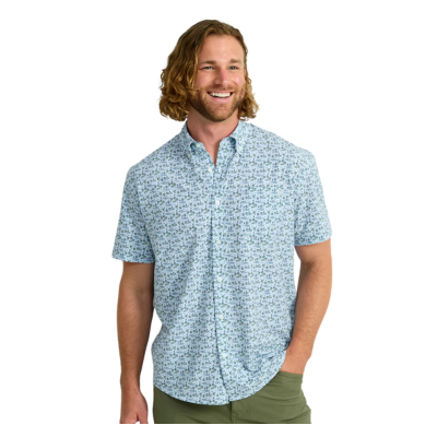 Huk Men's Kona Printed Button Up Short Sleeve Shirt Blue Tuna Ice Drink