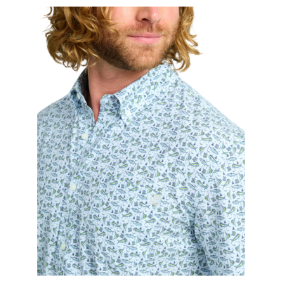 Huk Men's Kona Printed Button Up Short Sleeve Shirt Marolina Blue Tuna Close
