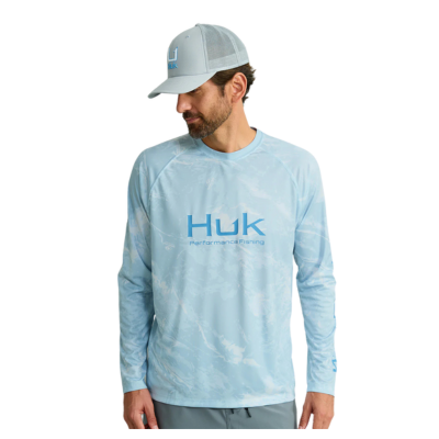 Huk Men's Persuit Mossy Oak Printed Long Sleeve UPF Crew Mossy Oak Stormwater Bonefish