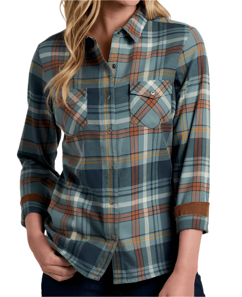 Kuhl Women's Tess Flannel Long Sleeve Button Up Shirt Mineral Blue