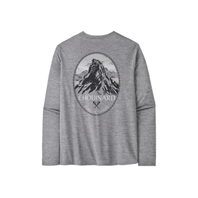 Patagonia Men's L/S Cap Cool Daily Graphic Shirt Lands Chouinard Crest Feather Grey