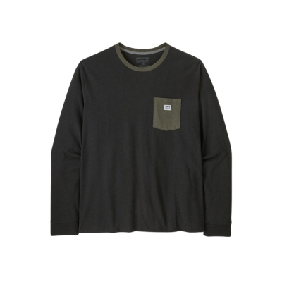 Patagonia Men's L/S Shop Sticker Pocket Responsibili-Tee Black w/ Basin Green