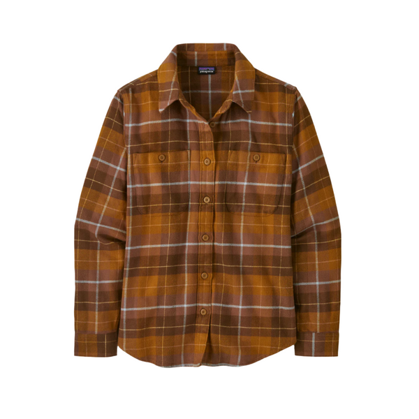 Patagonia Women's Fjord Flannel Long Sleeve Shirt Happy Camper Shelter Brown 