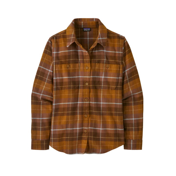 Patagonia Women's Fjord Flannel Long Sleeve Shirt Happy Camper Shelter Brown 