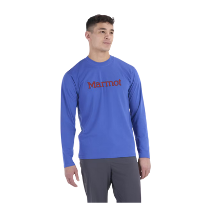 Marmot Men's Ice Climbing Marty Tee Long Sleeve Trail Blue Logo Front